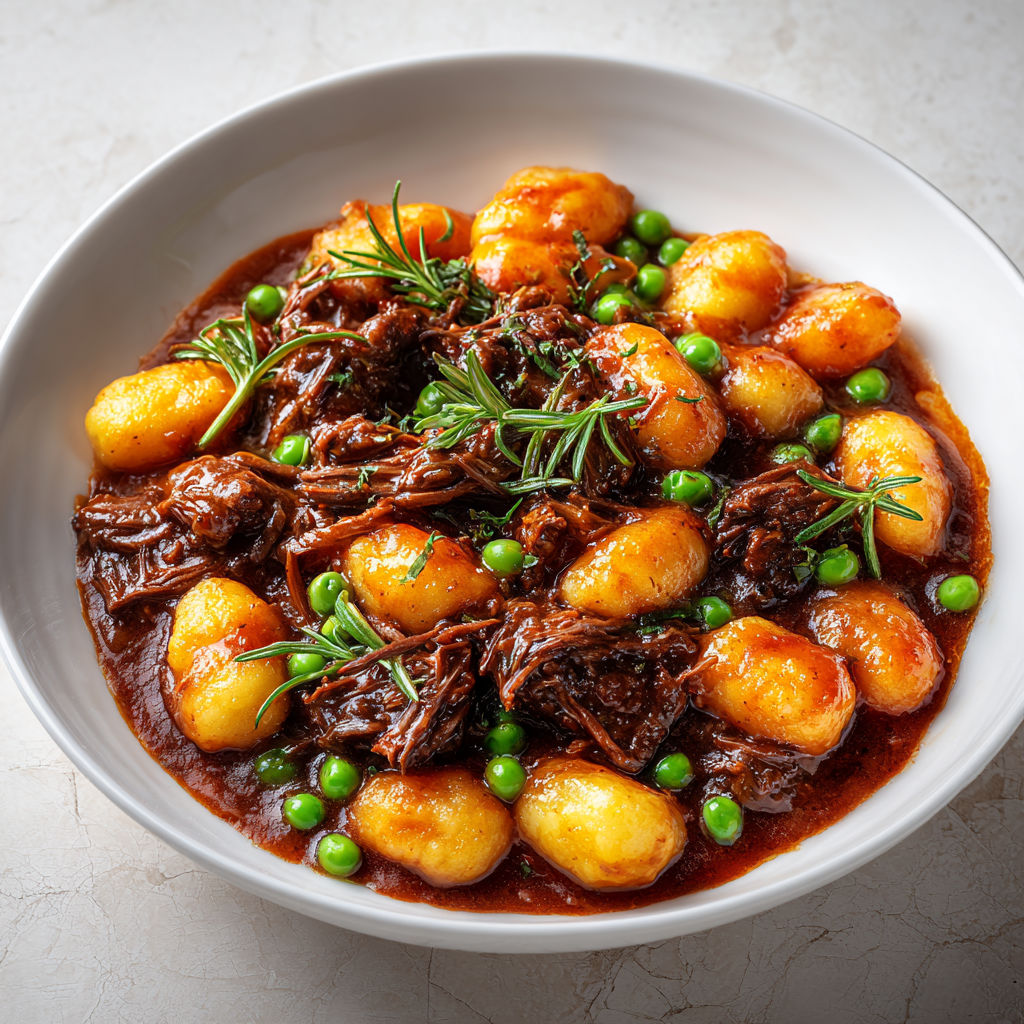 Gnocchis avec bœuf fondant, romarin et sauce au vin rouge toute parfumée.