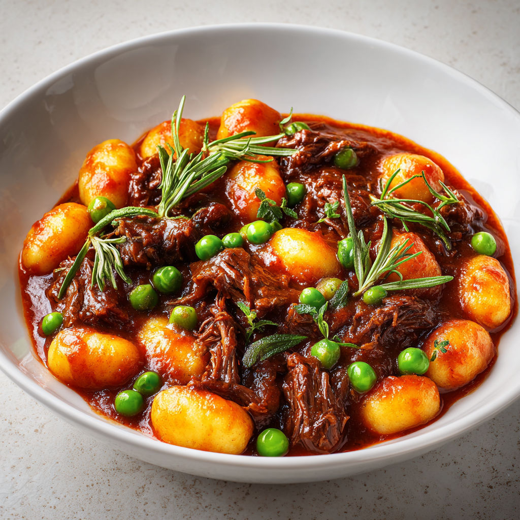 Gnocchis ultra tendres, bœuf braisé, petits pois et romarin dans leur sauce onctueuse.