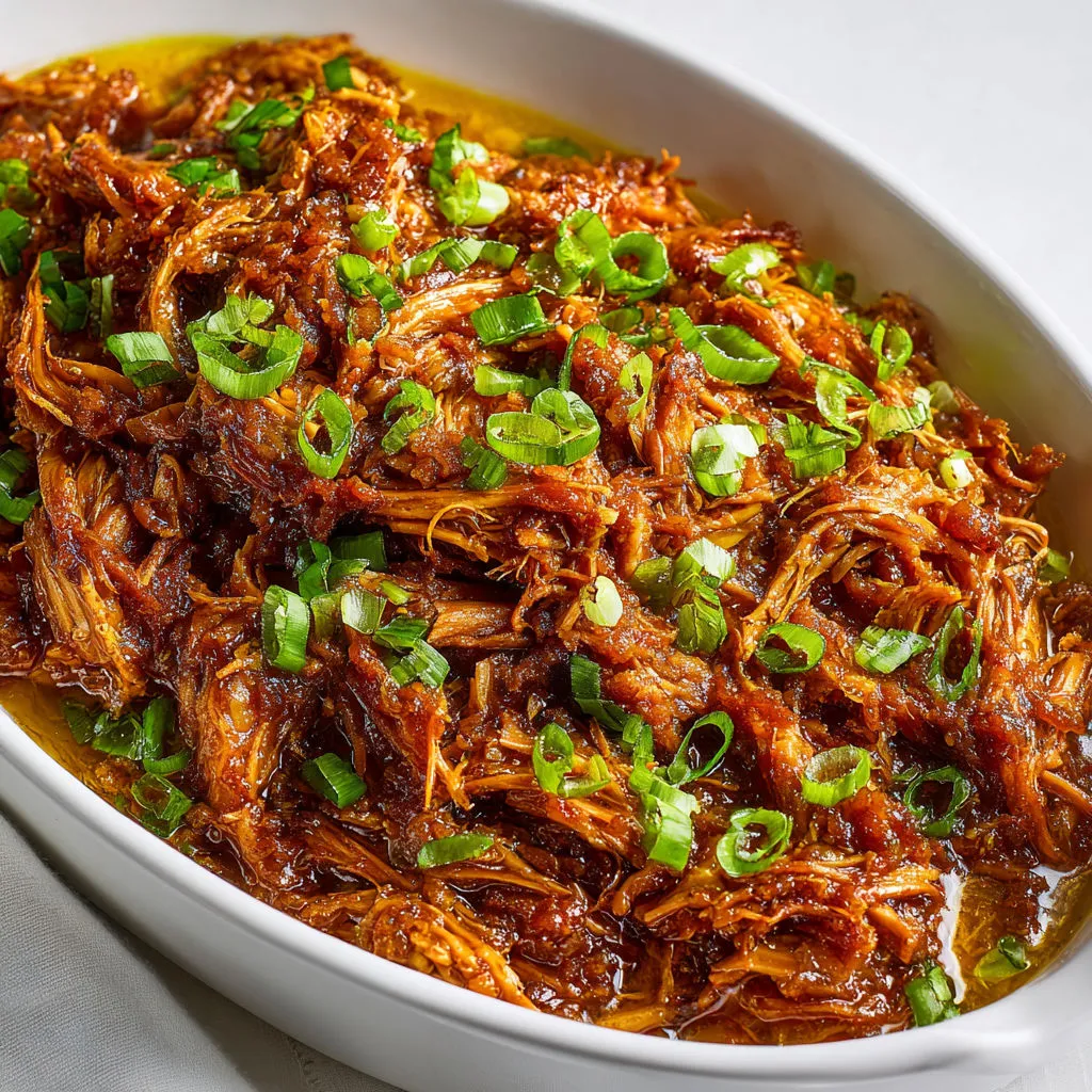 Porc effiloché moelleux cuit doucement façon sucrée au soja et curry vert, parsemé de noix.