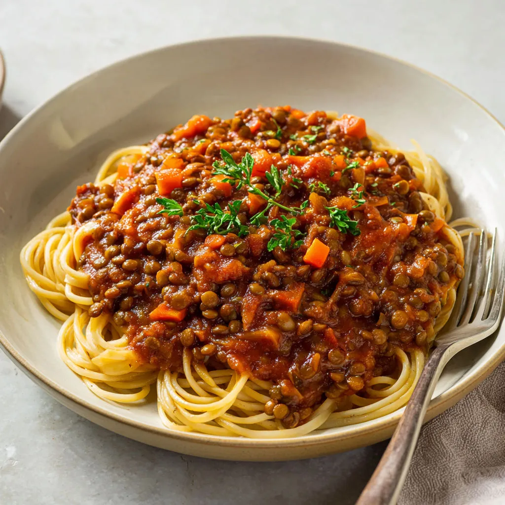 Sauce mijotée aux lentilles et champignons façon Bolognaise, riche en légumes.