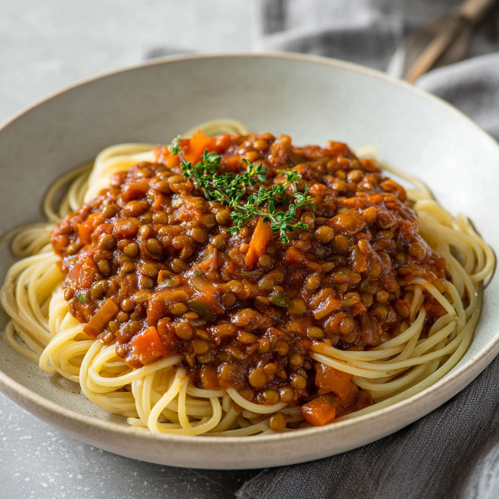 Bolognaise végétale avec lentilles brunes et champignons, mijotée dans une sauce tomate parfumée.