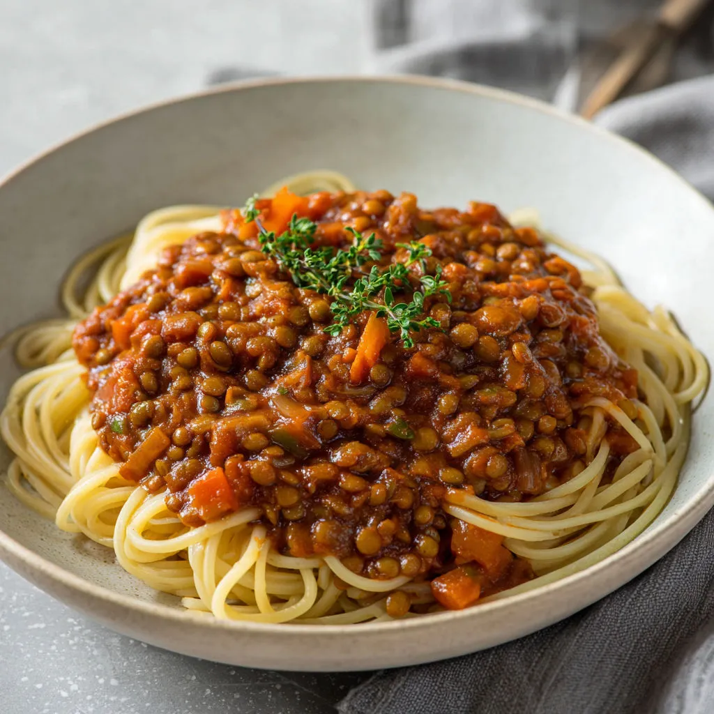 Bolognaise végétale avec lentilles brunes et champignons, mijotée dans une sauce tomate parfumée.