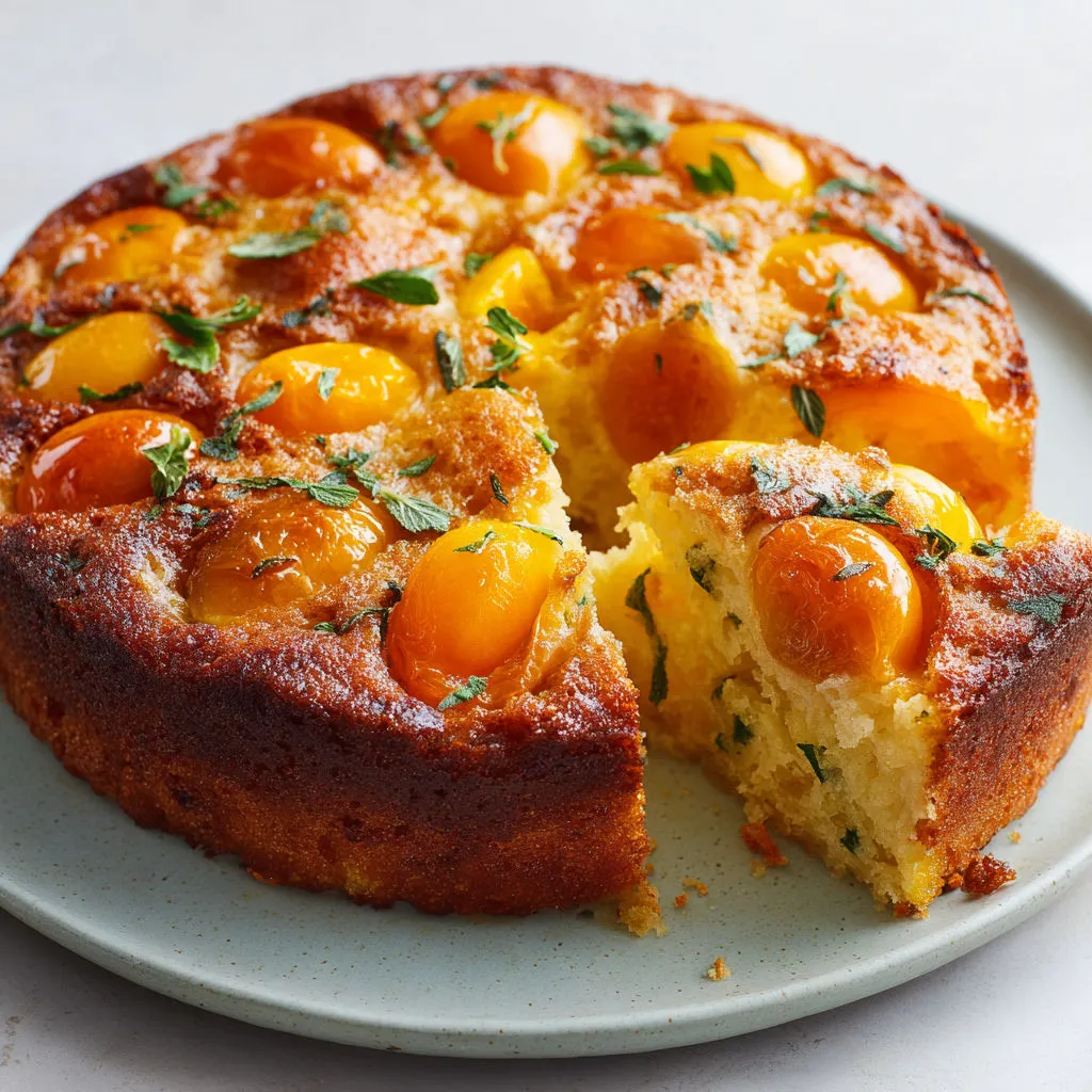Dessert fondant aux abricots et à la verveine, moelleux grâce à la poudre d’amandes et la farine de riz.