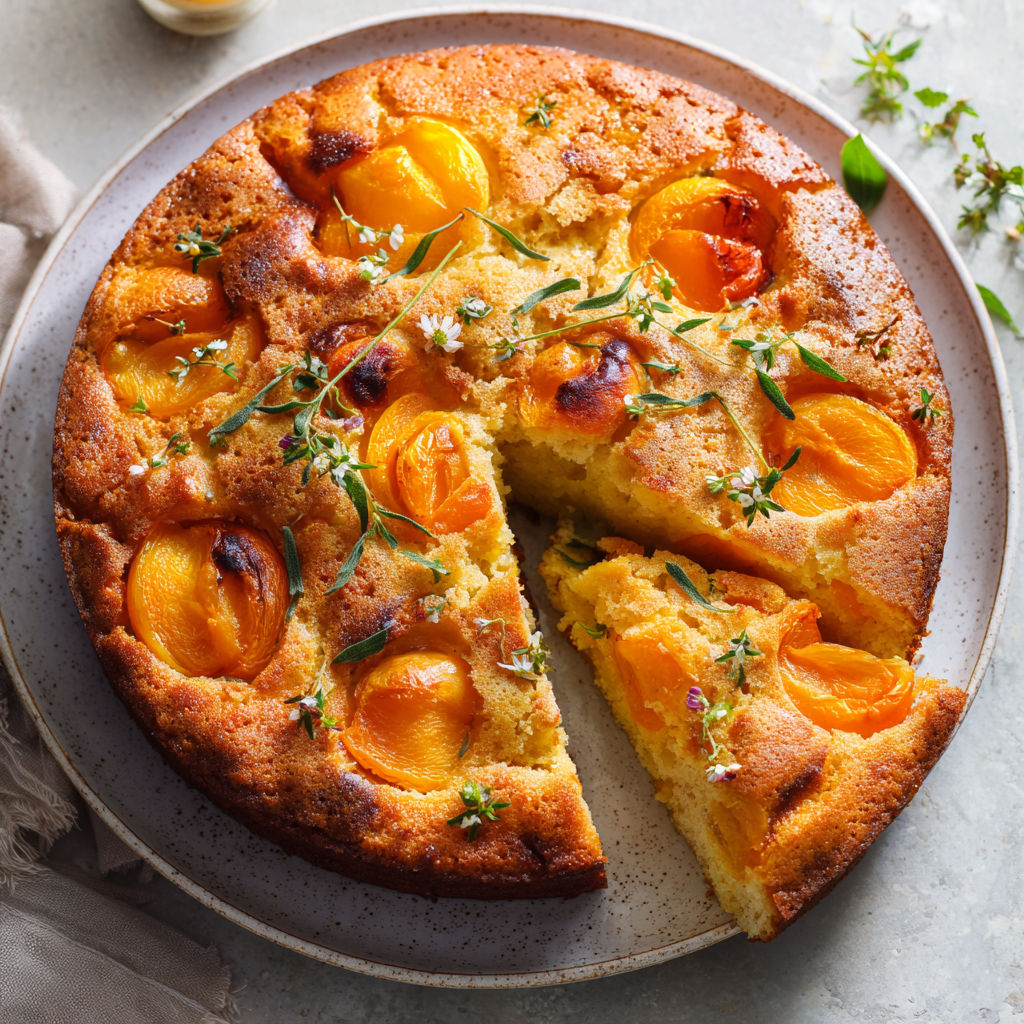 Gâteau tendre aux abricots juteux et verveine fraîche, moelleux aux touches d’amande.