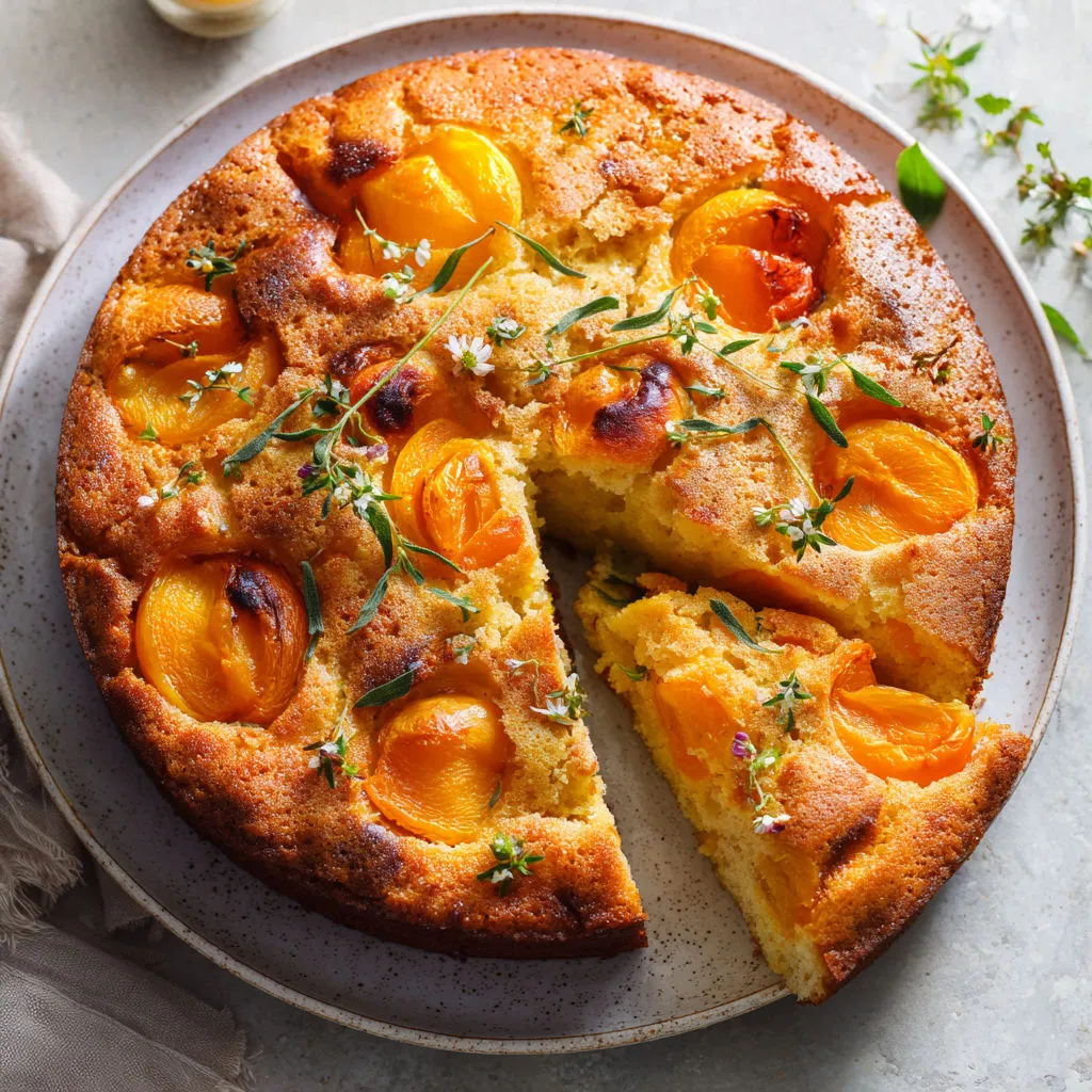 Gâteau tendre aux abricots juteux et verveine fraîche, moelleux aux touches d’amande.