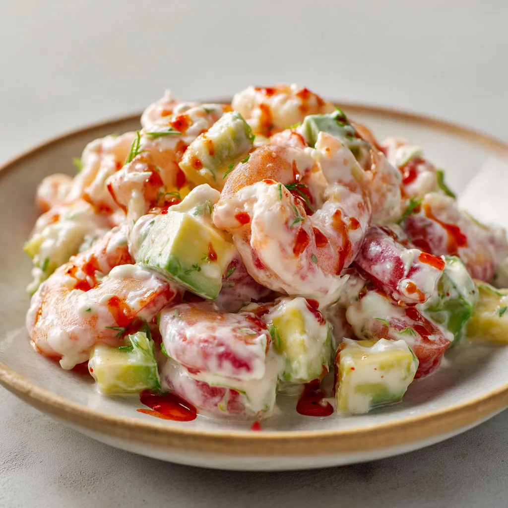 Salade à la fois raffinée et gourmande, avec crevettes, fruits et sauce parfumée.
