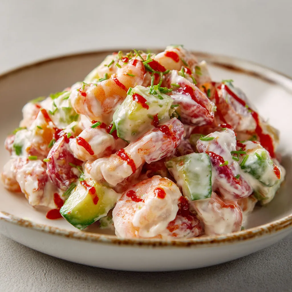 Salade fraîche aux crevettes françaises, Granny Smith, avocat, tomate et vinaigre à la truffe.