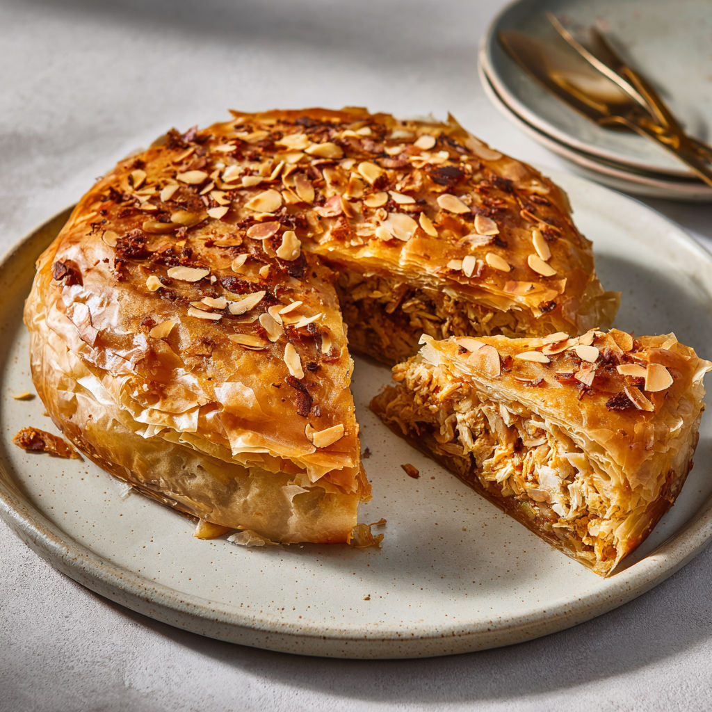 Pastilla croustillante avec poulet fermier parfumée cannelle, safran et fleur d’oranger.