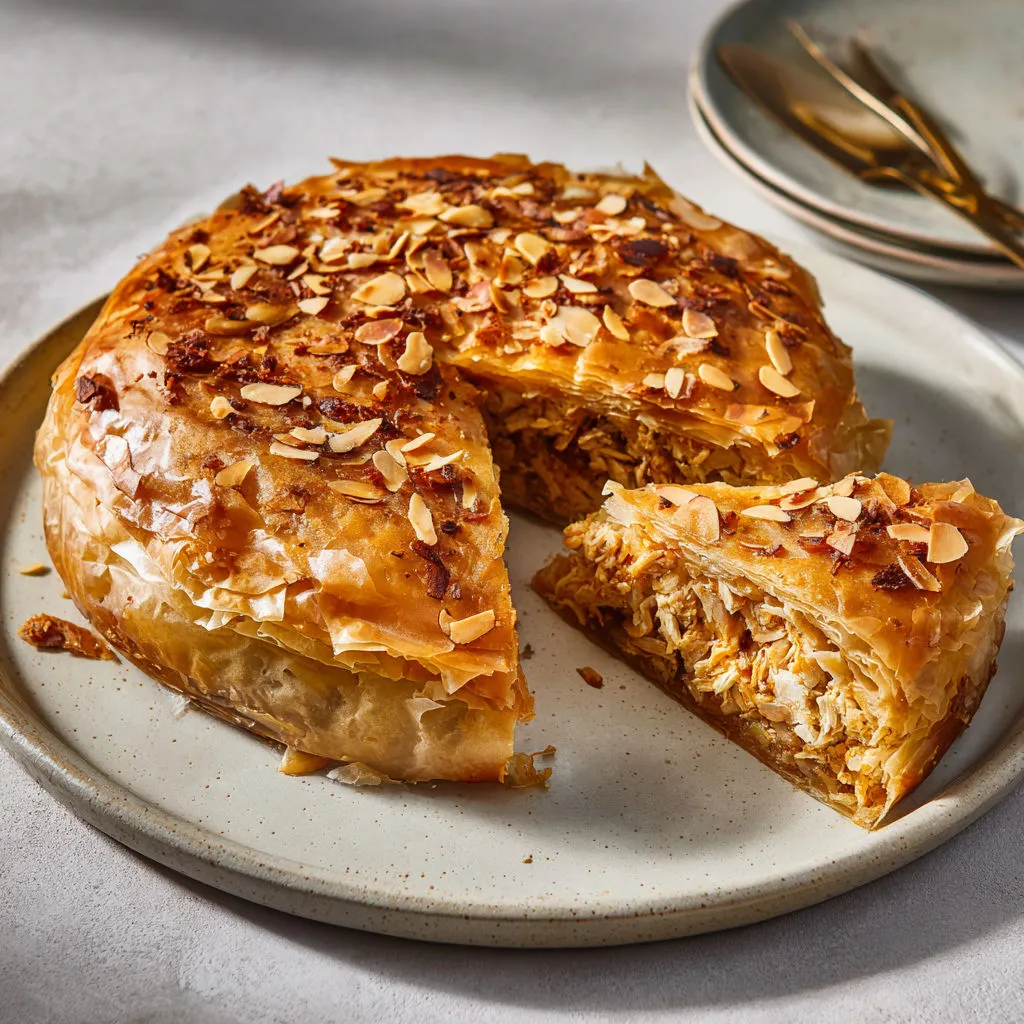 Pastilla croustillante avec poulet fermier parfumée cannelle, safran et fleur d’oranger.