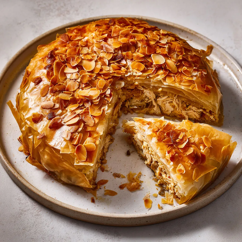 Pastilla authentique avec poulet effiloché, amandes et feuilles de brick dorées.