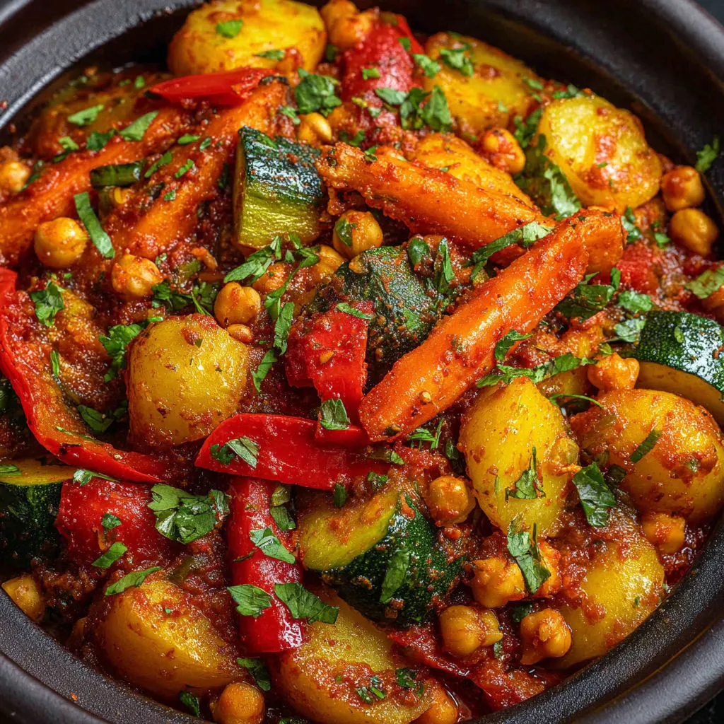Tajine tout doux aux légumes fondants et pois chiches relevés de coriandre fraîche.
