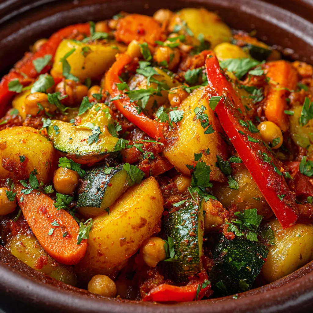 Plat végétarien marocain aux légumes tendres et épices douces, ambiance orientale.