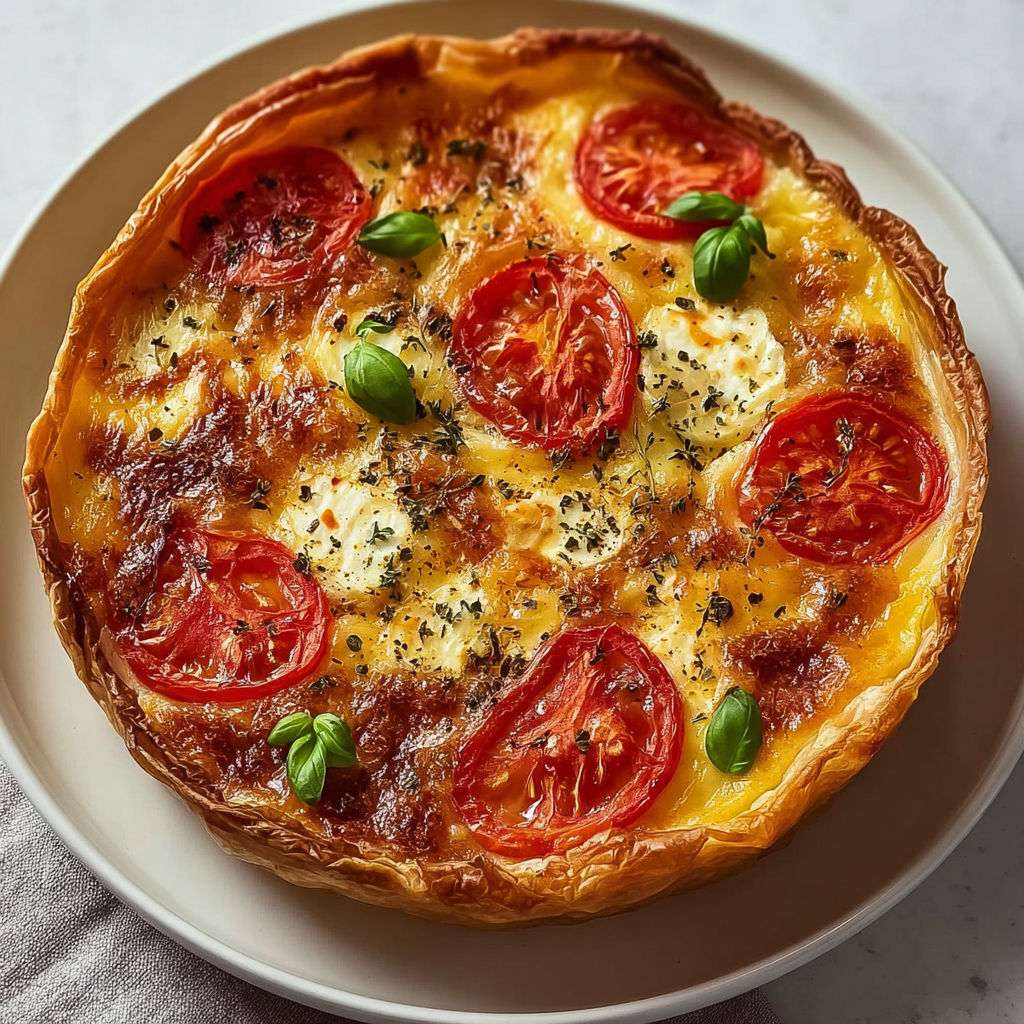Une délicieuse tarte garnie de chèvre et de tomates fraîches sur un plateau.