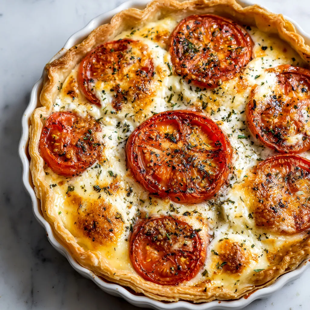 Feuilleté rustique tomates chèvre fondant, relevé de moutarde et d’herbes du Sud.