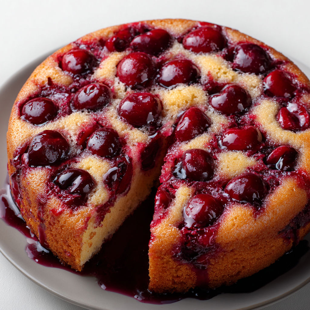 Tranche de gâteau tendre aux cerises et sirop parfumé à la verveine sur une assiette.