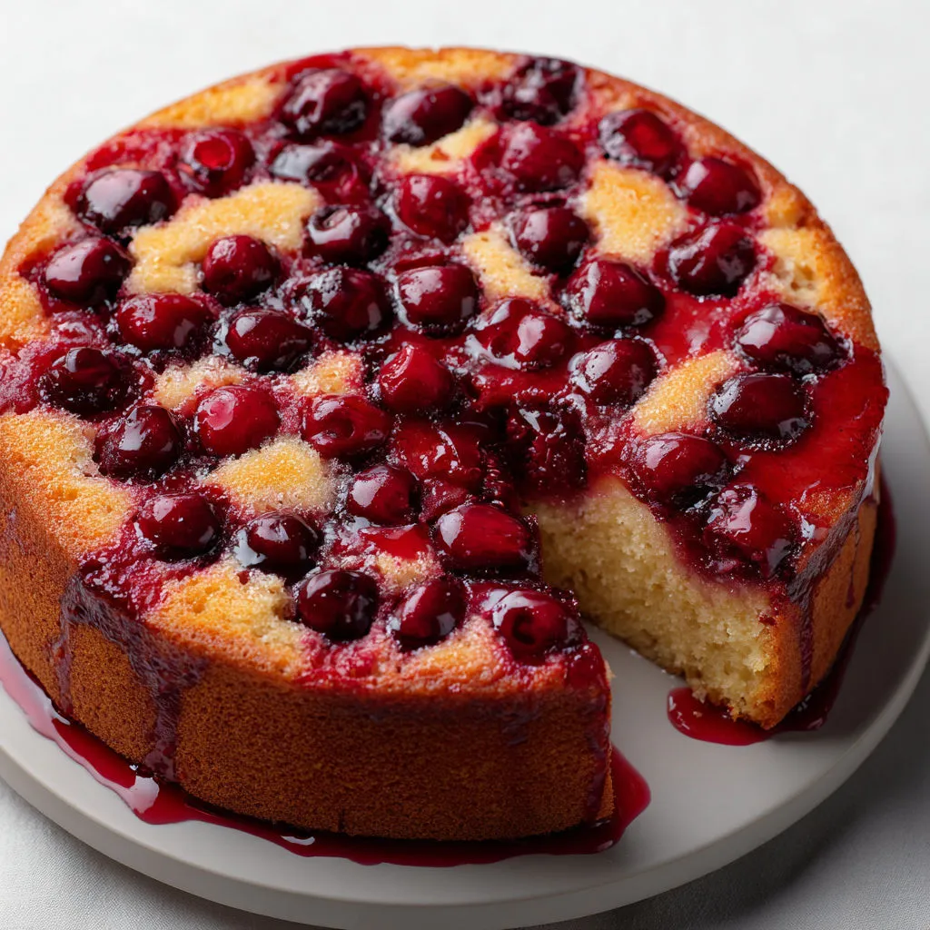 Gâteau moelleux aux cerises nappé de sirop à la verveine toute fraîche.