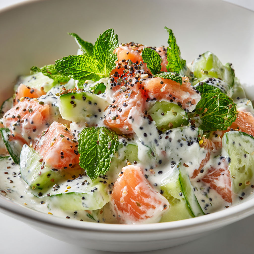 Concombre croquant, fromage blanc crémeux et saumon tendre garnissent un bol frais et délicat.