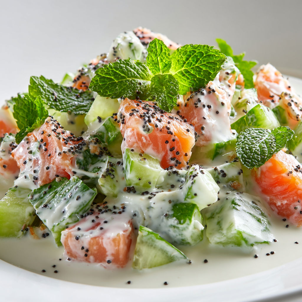 Grande salade ultra fraîche au concombre, fromage blanc, saumon vapeur et zeste de citron.