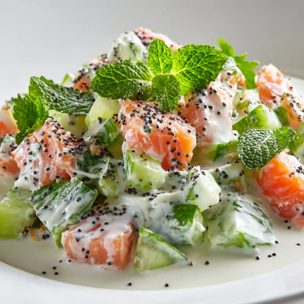 Grande salade ultra fraîche au concombre, fromage blanc, saumon vapeur et zeste de citron.