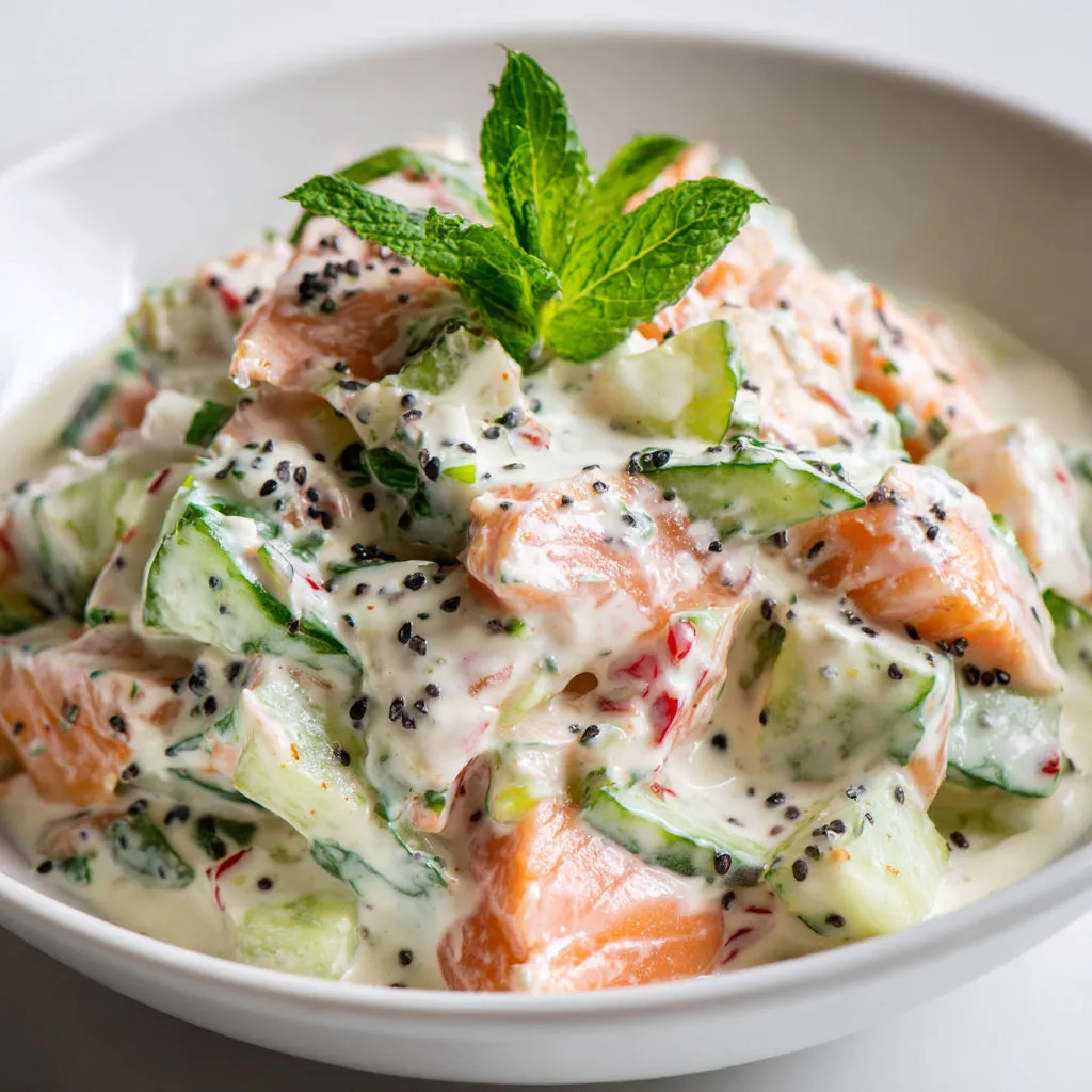 Plat frais de concombre croquant, saumon émietté et sauce onctueuse au fromage blanc mentholé.
