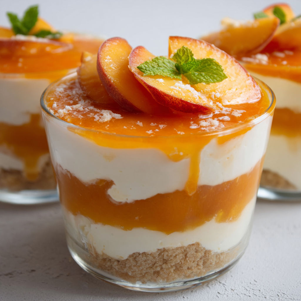 Un dessert crémeux au mascarpone avec des tranches de pêches et une touche de miel.