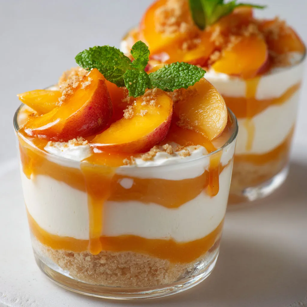 Verrines onctueuses à la pêche fraîche et mascarpone parfum vanille dessert léger.