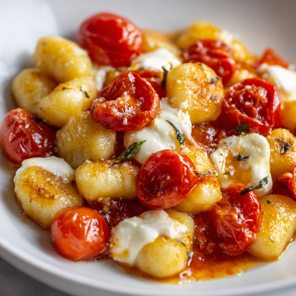 Assiette gourmande de gnocchis maison aux saveurs de tomates et mozzarella avec une pointe d'herbes fraîches.