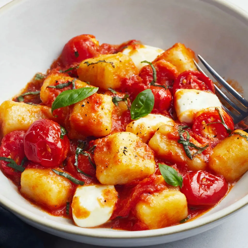 Gnocchis moelleux avec tomates cerises rôties et cœur de mozzarella fondue.