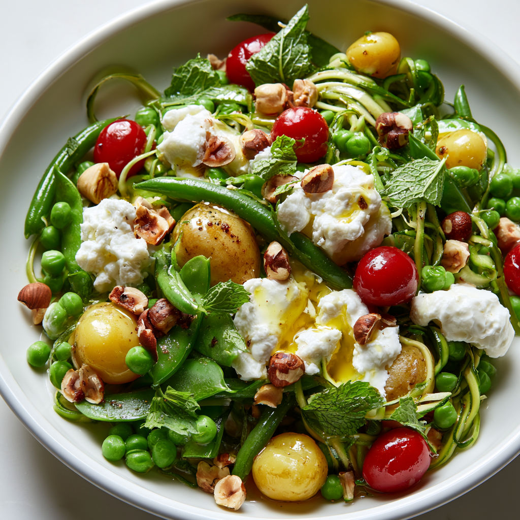 Un bol rempli de légumes tièdes accompagnés de ricotta maison et d'herbes fraîches.