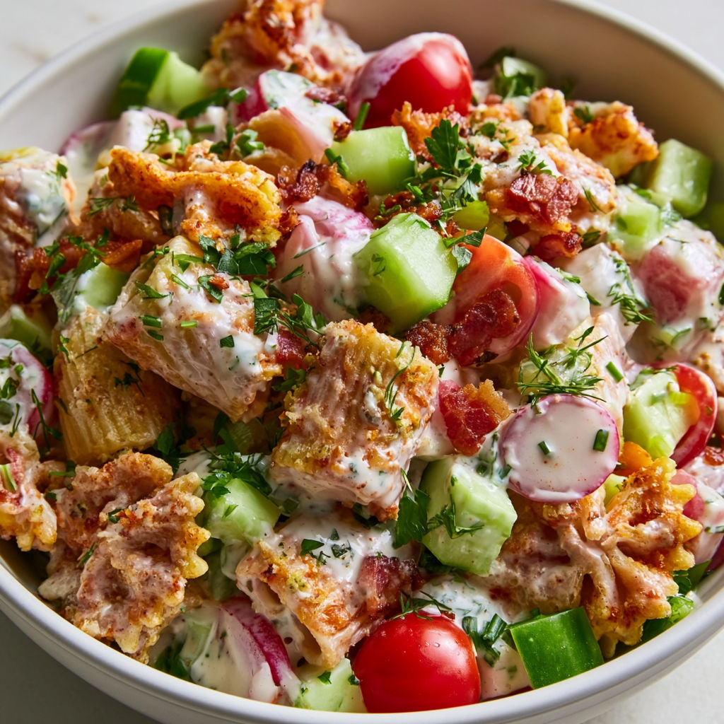 Salade avec pâtes dorées et parmesan dans un bol.