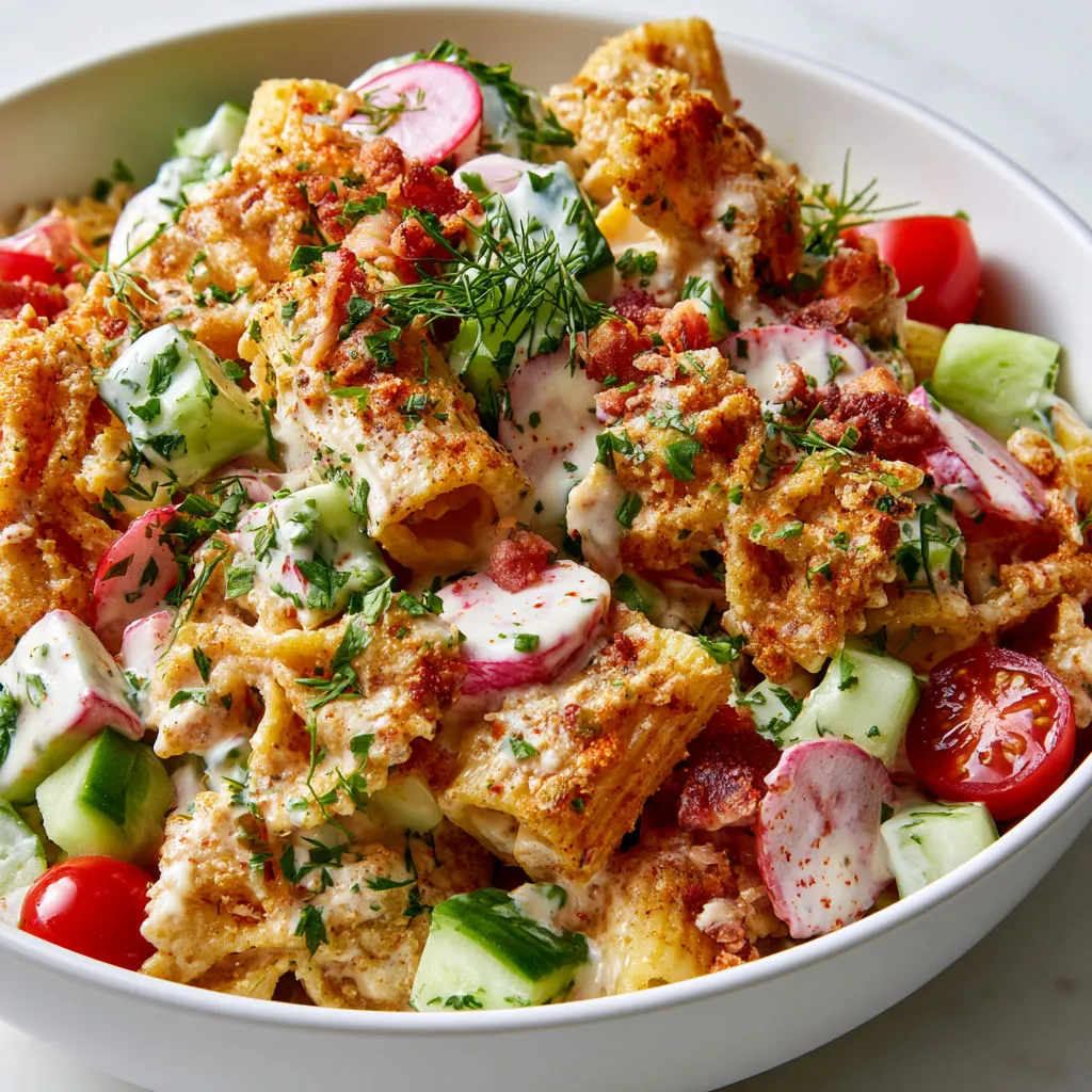 Pâtes croustillantes et légumes frais au parmesan.