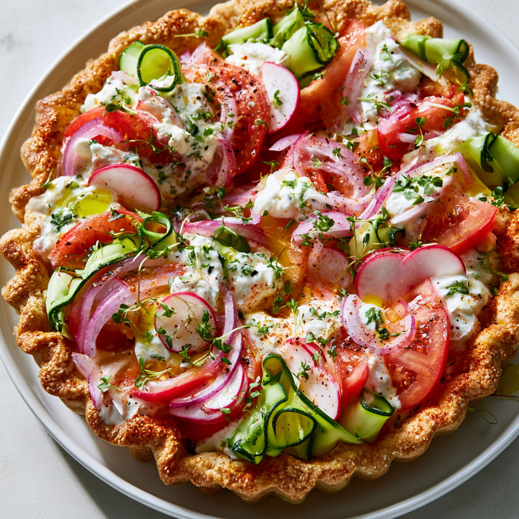 Un plat avec une tarte croustillante aux légumes colorés est présenté.