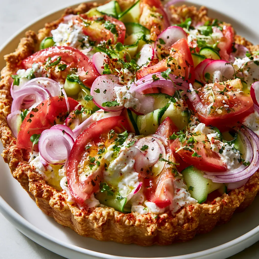 Une tarte garnie de tomates, courgettes, oignon rouge, jeunes pousses et fromage servie sur un plateau.