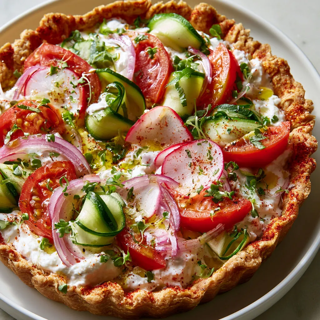 Tarte légère aux légumes frais, burrata coulante et huile parfumée au paprika fumé.