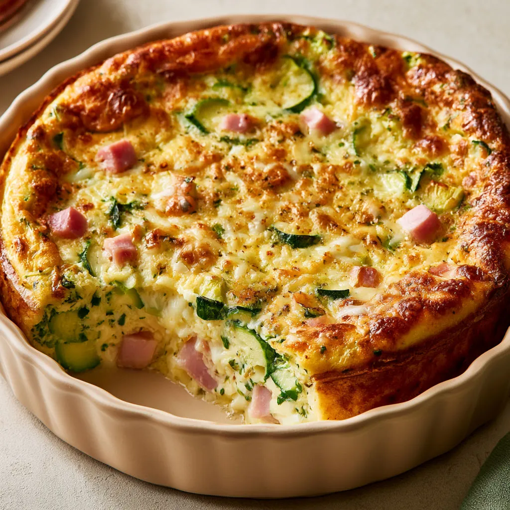 Clafoutis tout doux aux courgettes, jambon fumé et fromage rôti sur le dessus.