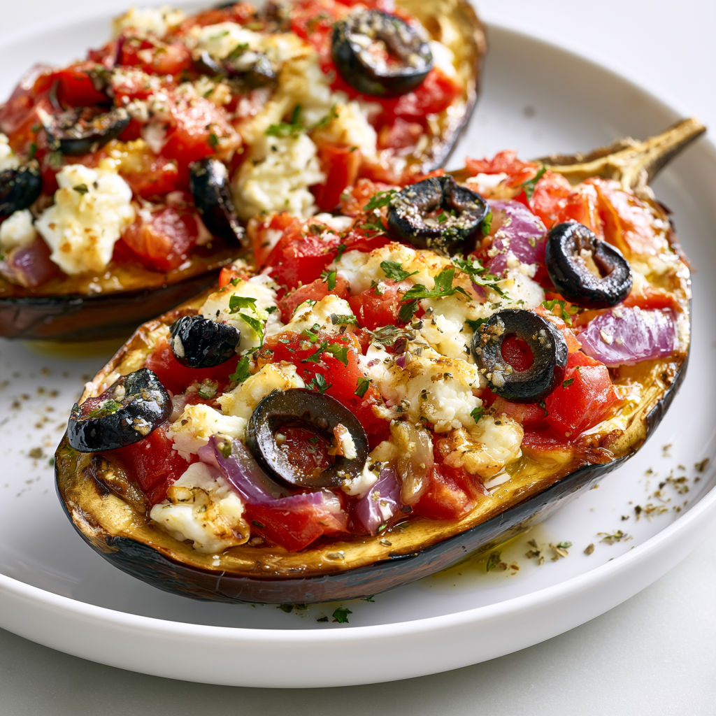 Délicieuses aubergines farcies grecques présentées sur un plat.