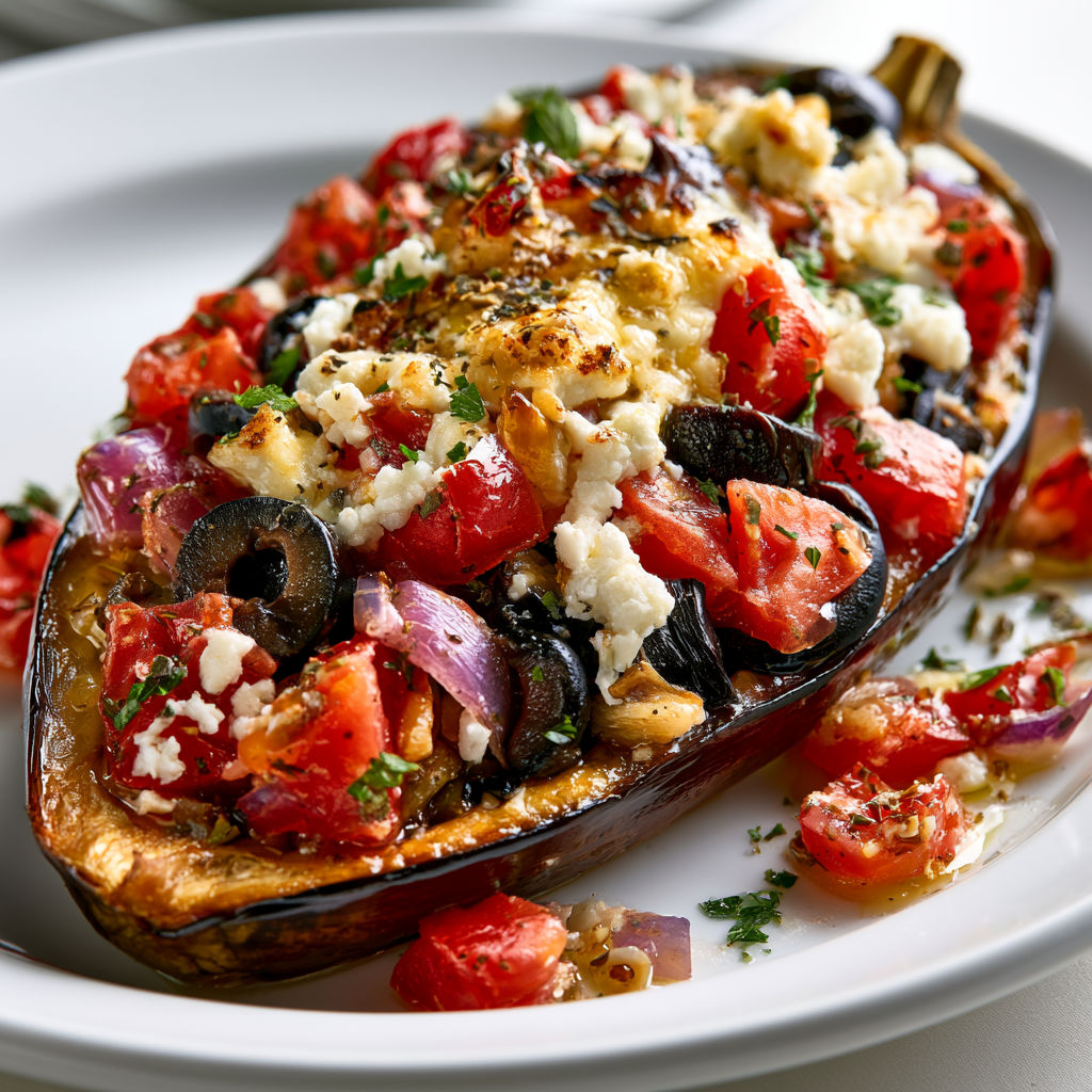 Aubergine méditerranéenne farcie avec tomates et olives.