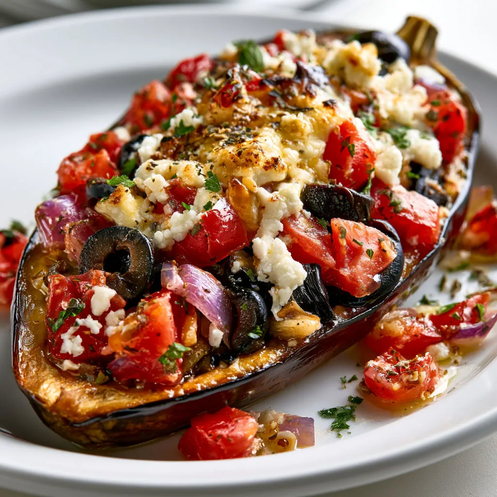 Aubergine méditerranéenne farcie avec tomates et olives.