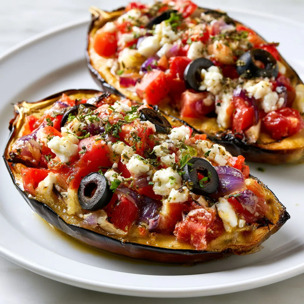 Aubergines façon méditerranéenne aux légumes et fromage fondant.
