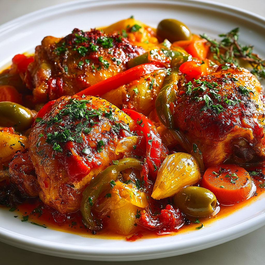 Poulet mijoté aux arômes catalans et olives fraîches.