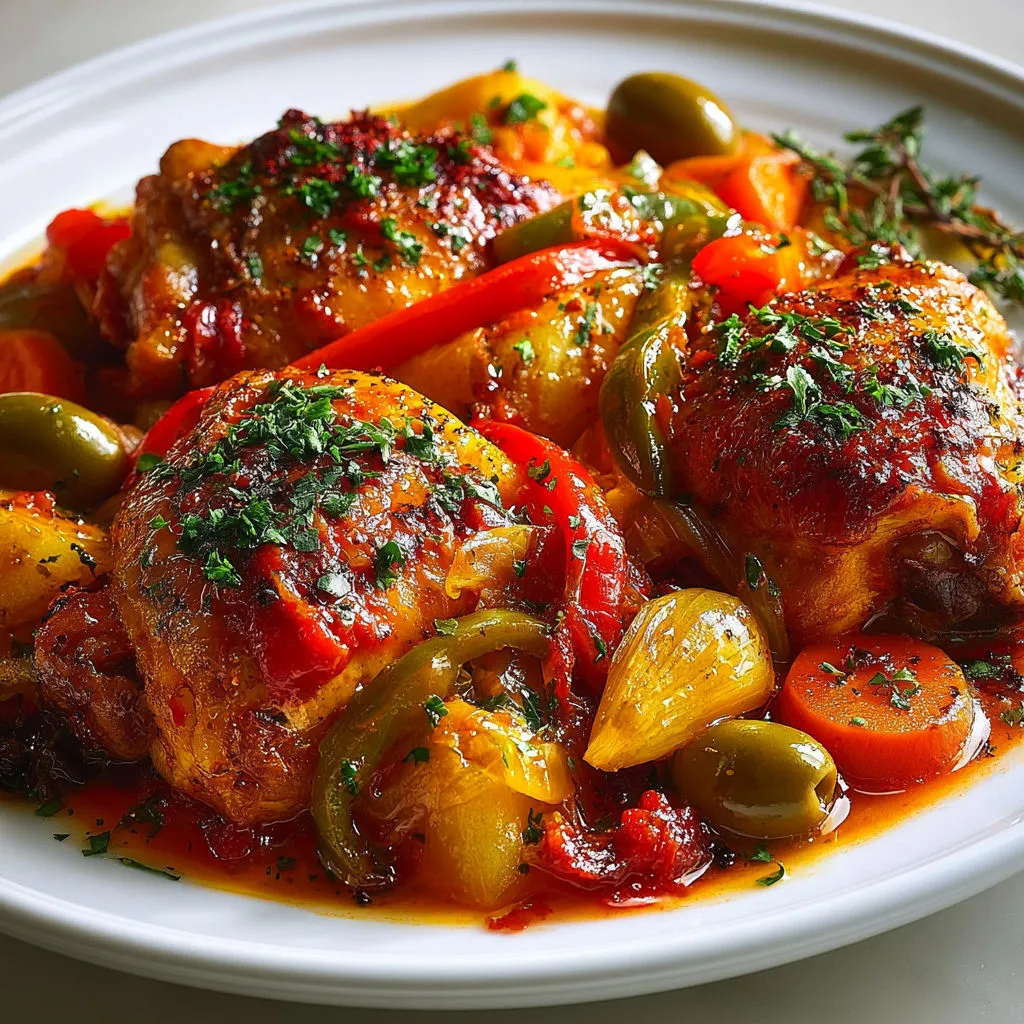 Poulet mijoté aux arômes catalans et olives fraîches.