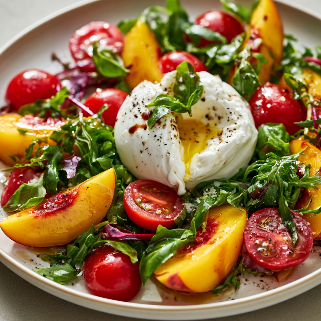 Tomates, pêches et burrata sur lit de roquette.