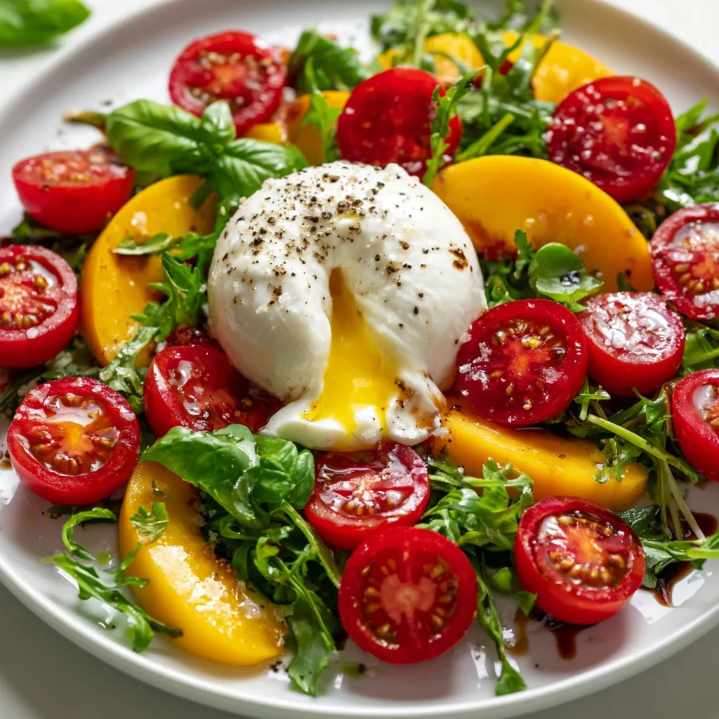 Assiette estivale pleine de tomates cerises, pêches, burrata bien crémeuse et huile d’olive.