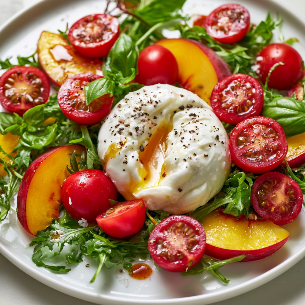 Mélange méditerranéen aux saveurs pêche et burrata.