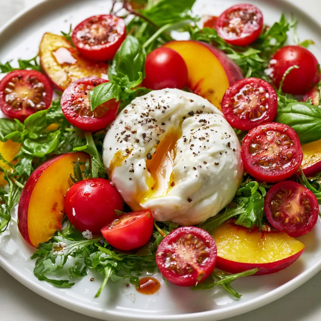 Mélange méditerranéen aux saveurs pêche et burrata.