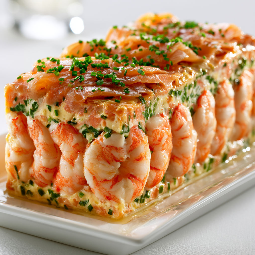 Terrine légère saumon et crevettes avec ciboulette sur un joli plateau.