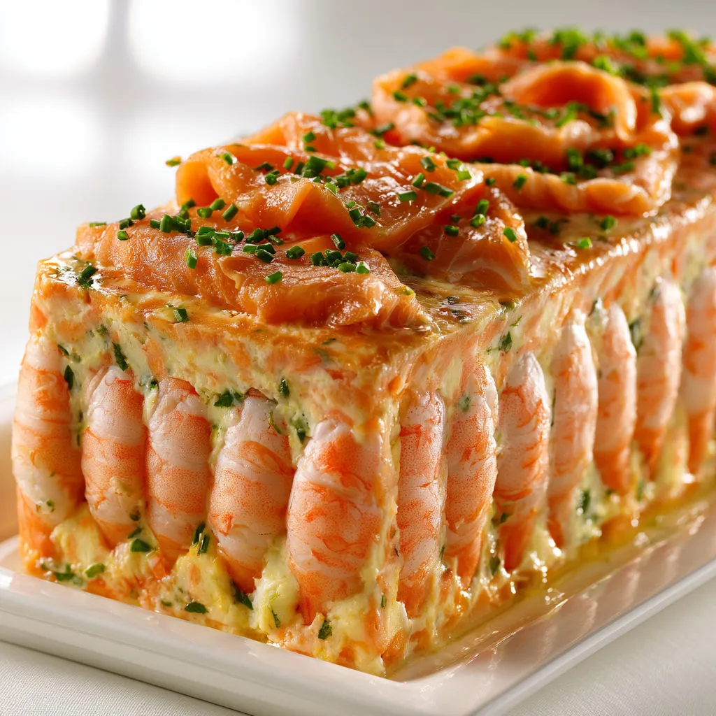 Terrine festive au saumon et crevettes, parfaite pour une entrée élégante servie bien froide.