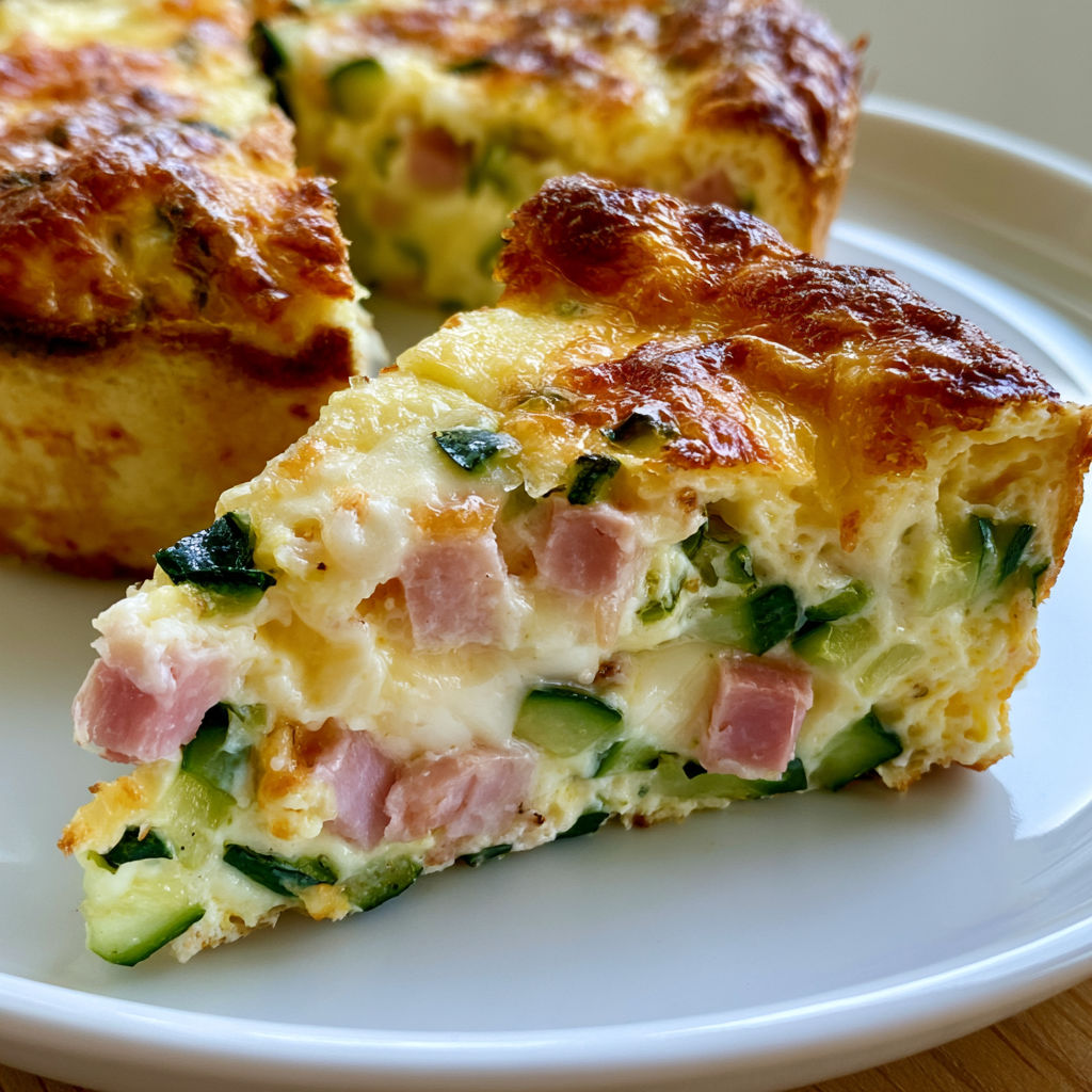 Tranche généreuse de quiche sans pâte, courgettes, jambon, et fromage en arrière-plan.