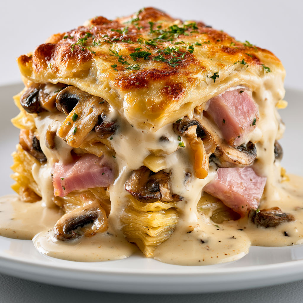 Une portion généreuse de lasagnes aux champignons et jambon, servie sur un plateau.