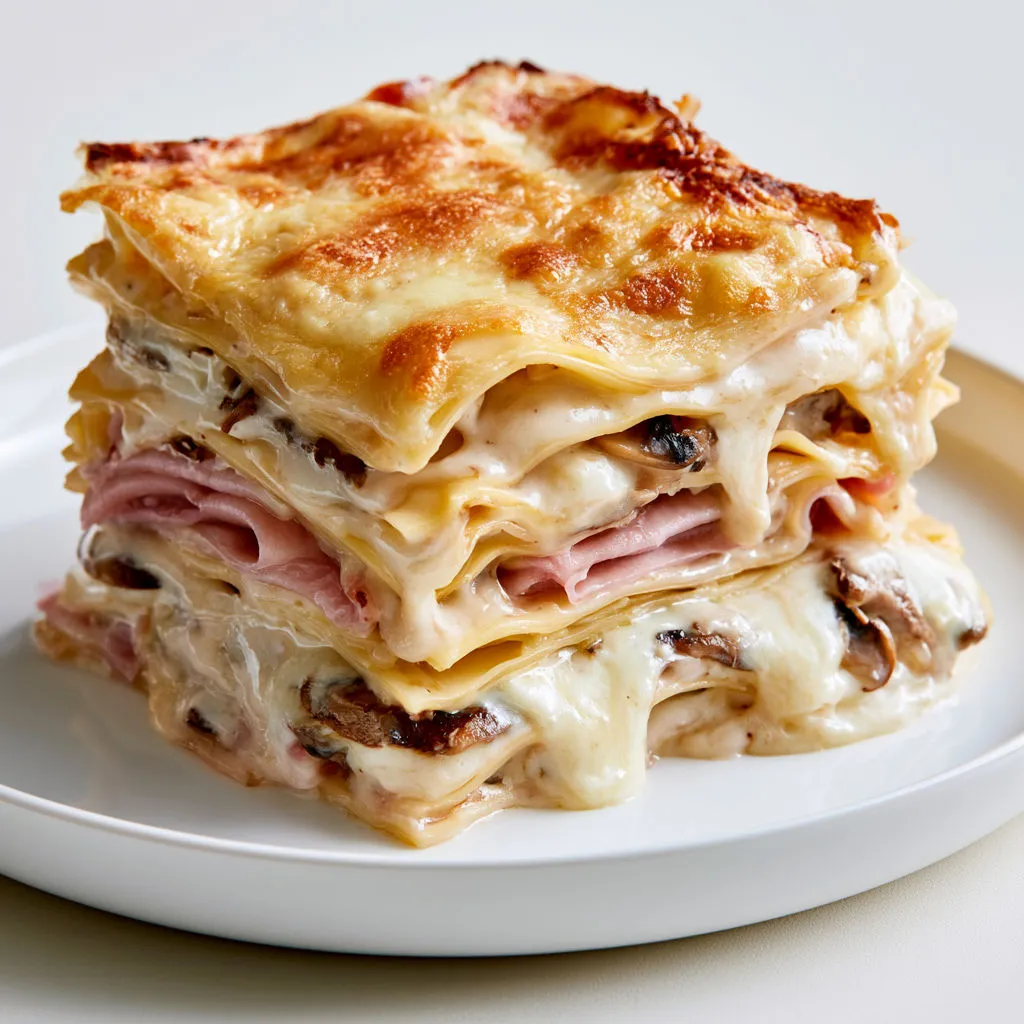 Lasagnes Onctueuses Jambon Champignons gratinées au four.